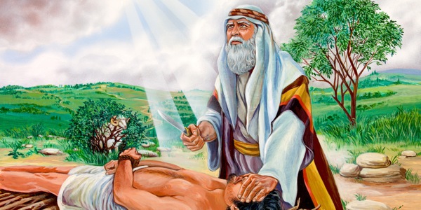 Si Abraham andam na para iatang si Isaac; sarong karnero na nasabit sa sanga nin haraning kahoy