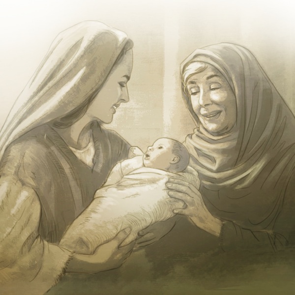 Karga ni Maria an umboy na si Jesus mantang an propetisang si Ana nagpapasalamat sa Diyos