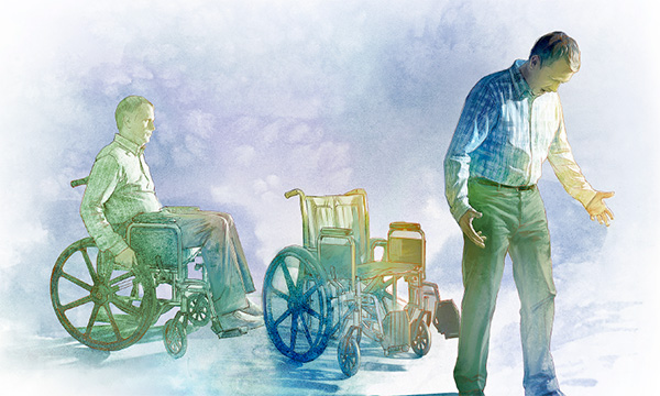 Lalaking naka-wheelchair na nagtindog asin nakalakaw