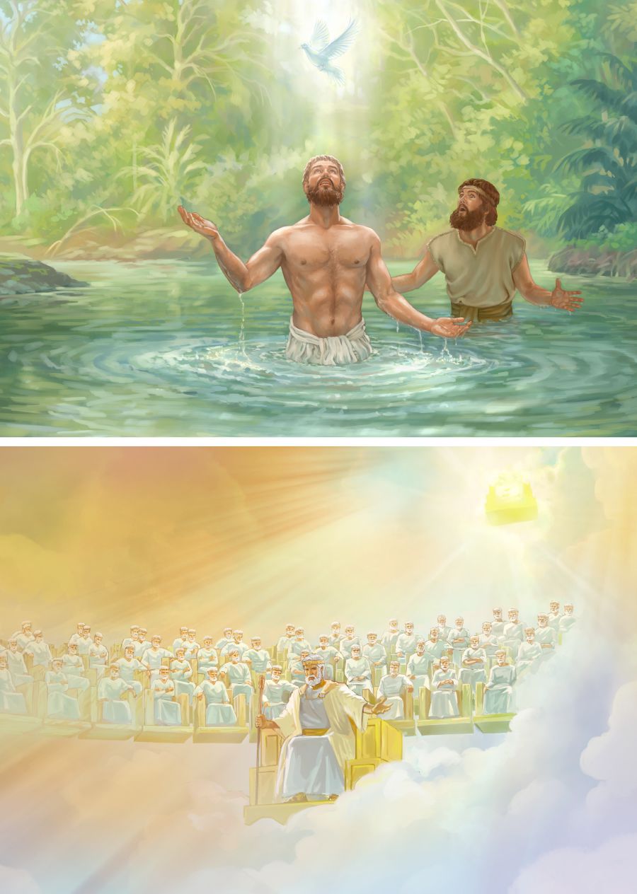Pagkatapos mabawtismuhan si Jesus, nahiling niya asin ni Juan Bautista an banal na espiritu na arog nin salampati asin nadangog an mga sinabi ni Jehova; si Jesus na nakatukaw sa saiyang langitnon na trono