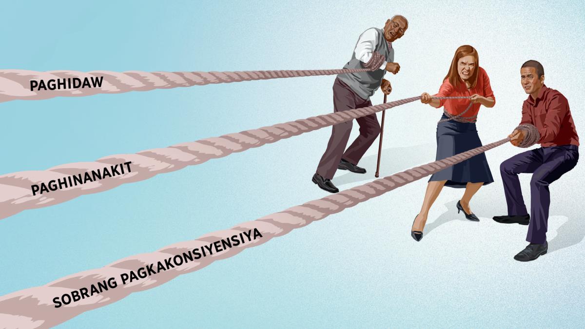 Sarong may edad na brother, sarong sister, asin sarong hoben na brother na may binubutong na kanya-kanyang lubid. An mga lubid may nakasurat na ‘paghidaw,’ ‘paghinanakit,’ asin ‘sobrang pagkakonsiyensiya’.