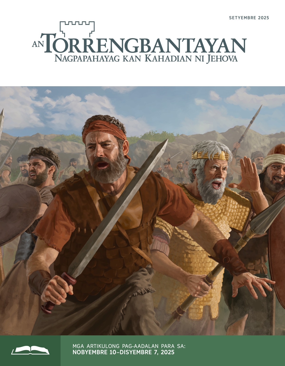 Si Jonathan, Saul, asin mga suldados na Israelita na nakikipaglaban gamit an saindang mga espada, garod, asin kalasag.