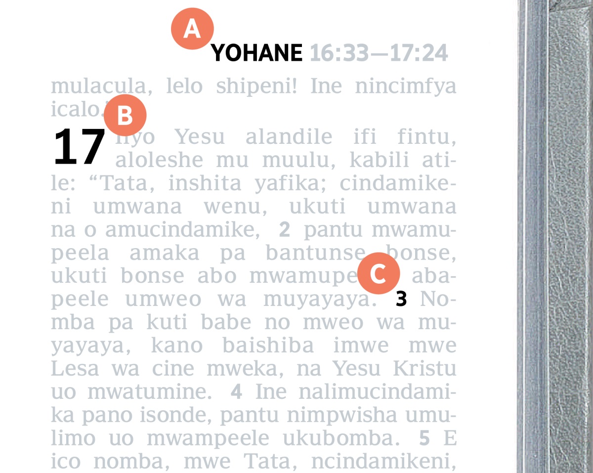 Ifilembo fya A, B, na C pe bula lya mu Baibolo.