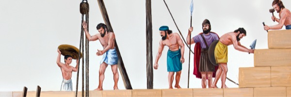 Some Israelites rebuilding the walls of Jerusalem while others stand guard