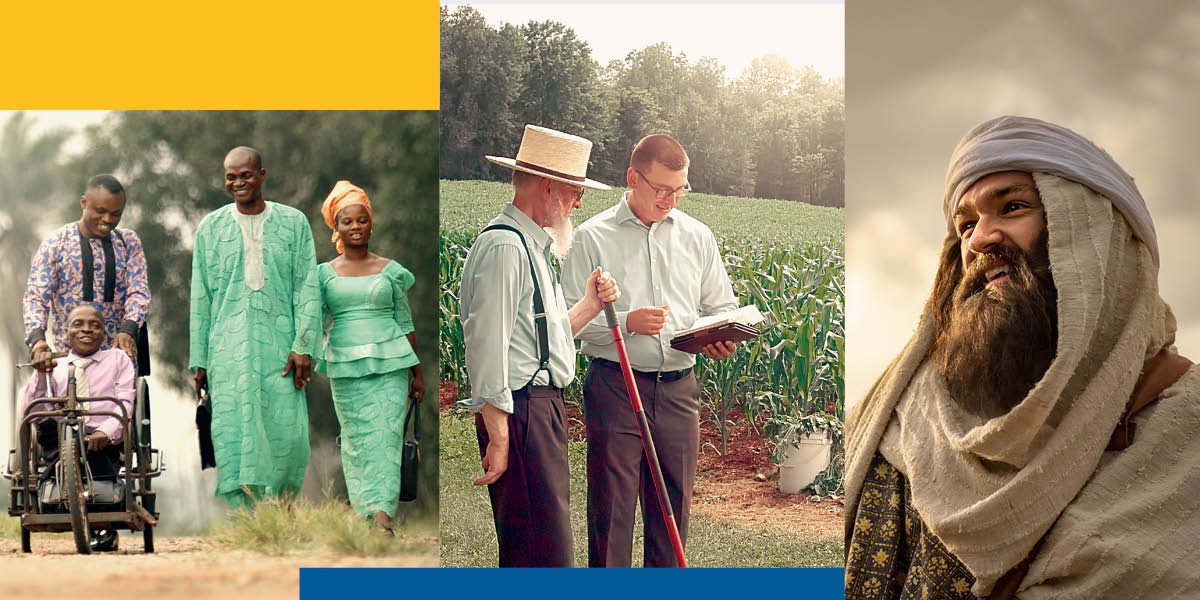 Collage: 1. A group of Jehovah’s Witnesses walking and smiling in the field ministry. One is disabled and is being pushed in a wheelchair. 2. One of Jehovah’s Witnesses talking to an Amish man about the Bible. 3. Nehemiah.