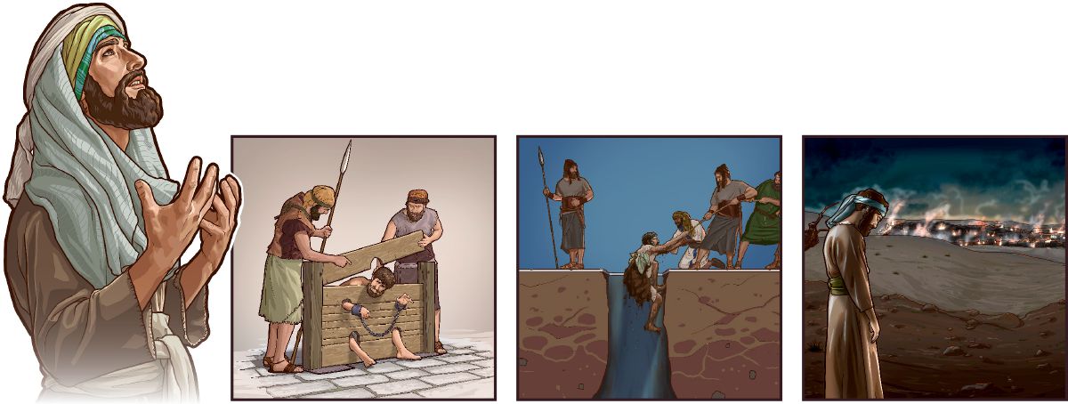 The prophet Jeremiah is put in stocks, is rescued from a miry cistern, and weeps over Jerusalem’s destruction