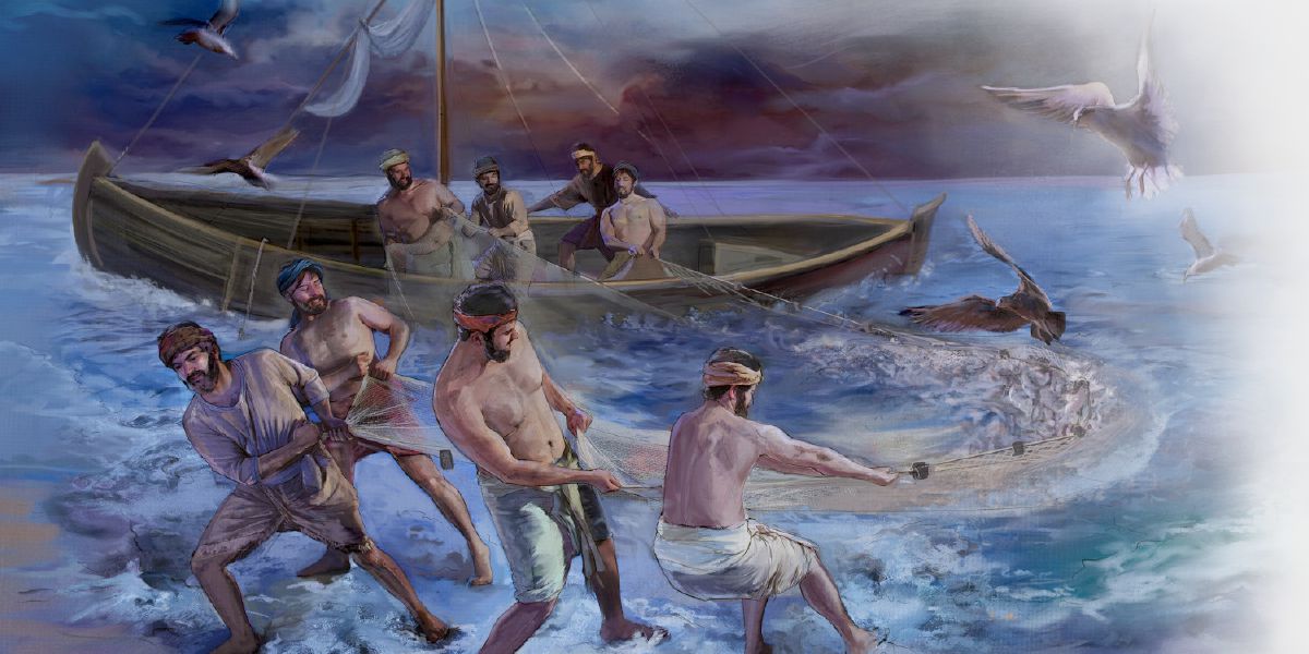 Jesus’ disciples drag a net full of fish to the shore