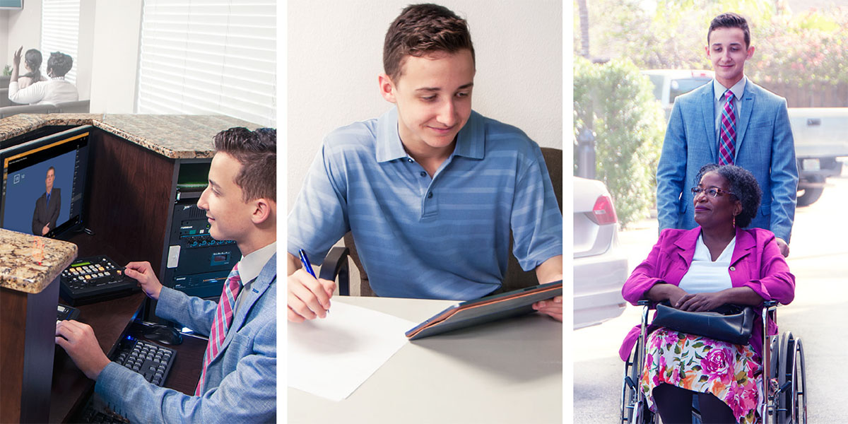 A young brother helps with microphones at a congregation meeting, does personal study, and pushes an older sister in her wheelchair