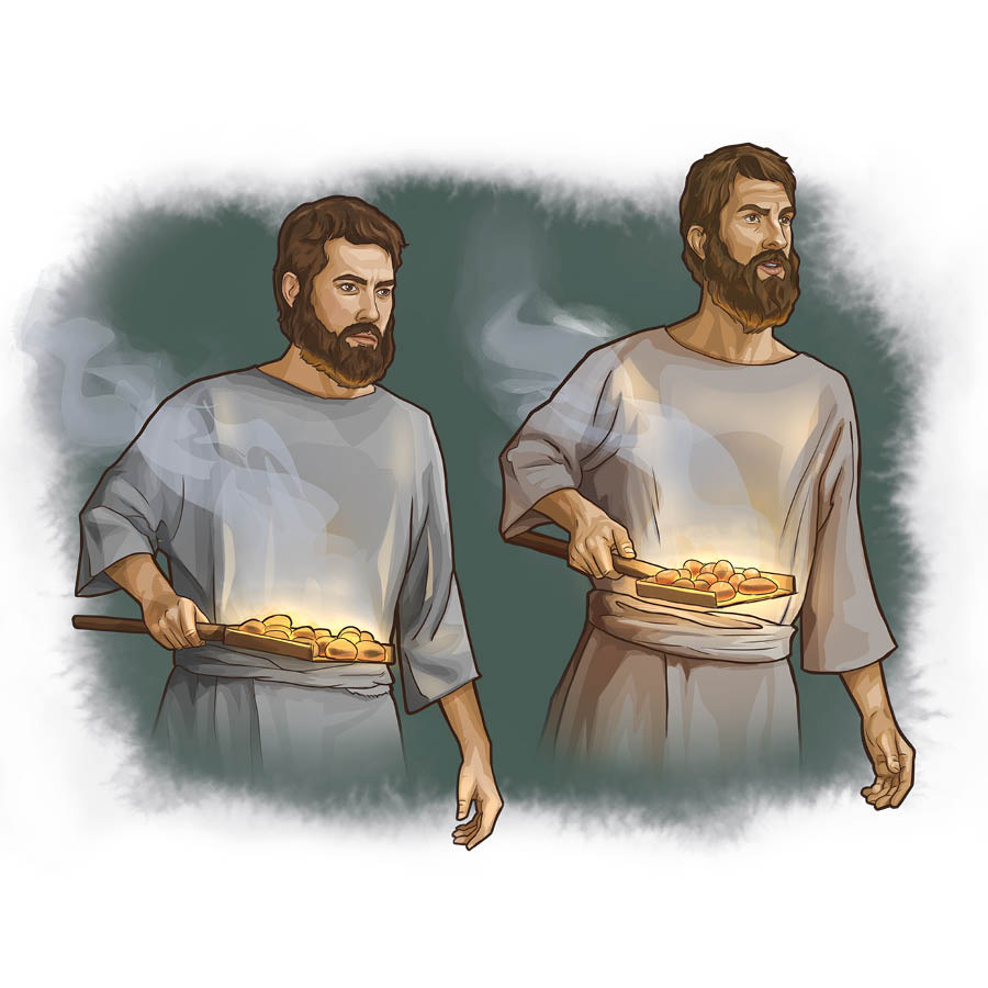 Nadab and Abihu carrying fire holders filled with burning incense.