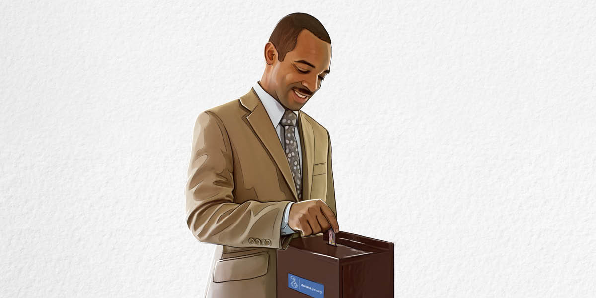 A brother putting a donation into a contribution box.