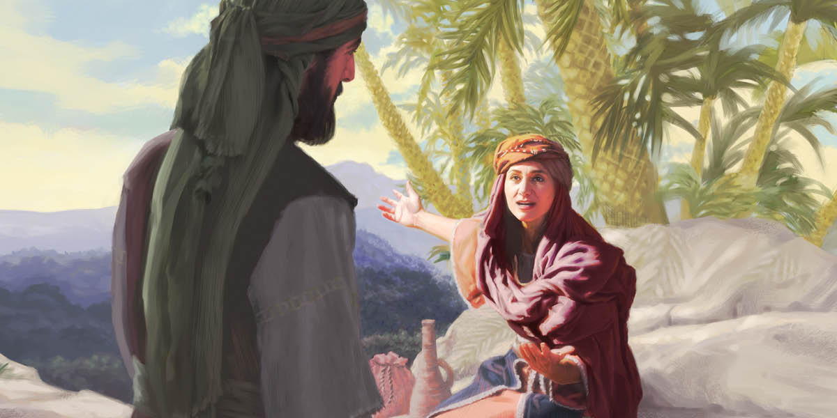 The prophetess Deborah sitting under a palm tree, encouraging Barak to help God’s people.