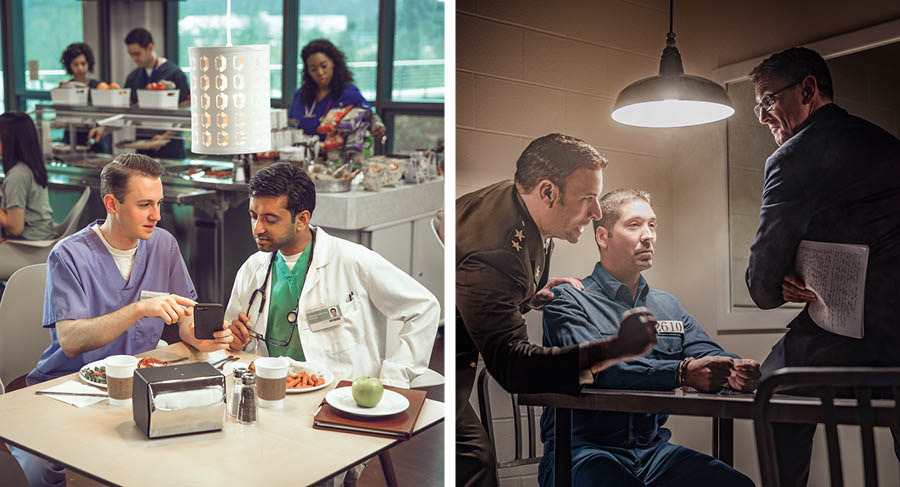 Collage: 1. A brother preaches to a workmate during their lunch break. 2. A brother remains faithful during an interrogation by the police.