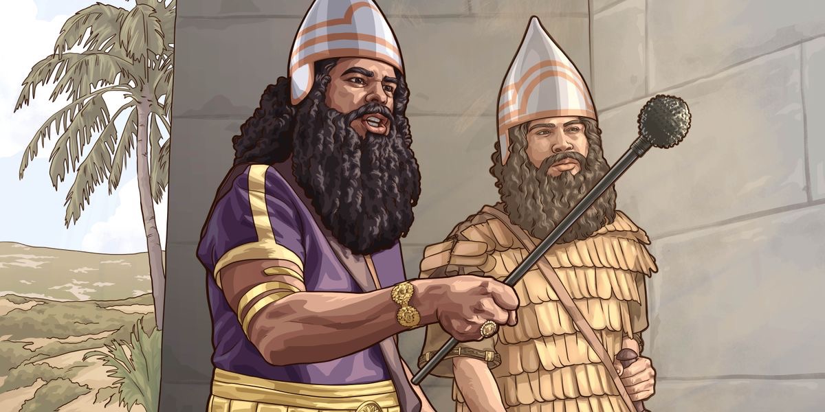 The Rabshakeh and a soldier standing outside the walls of Jerusalem. The Rabshakeh is gesturing with a scepter and speaking.