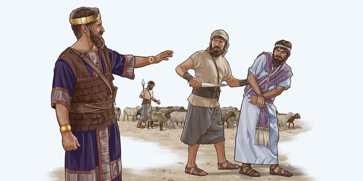 King Saul gesturing to an Israelite soldier, who is holding a sword, not to kill Agag. In the background, another soldier tends a flock of sheep.