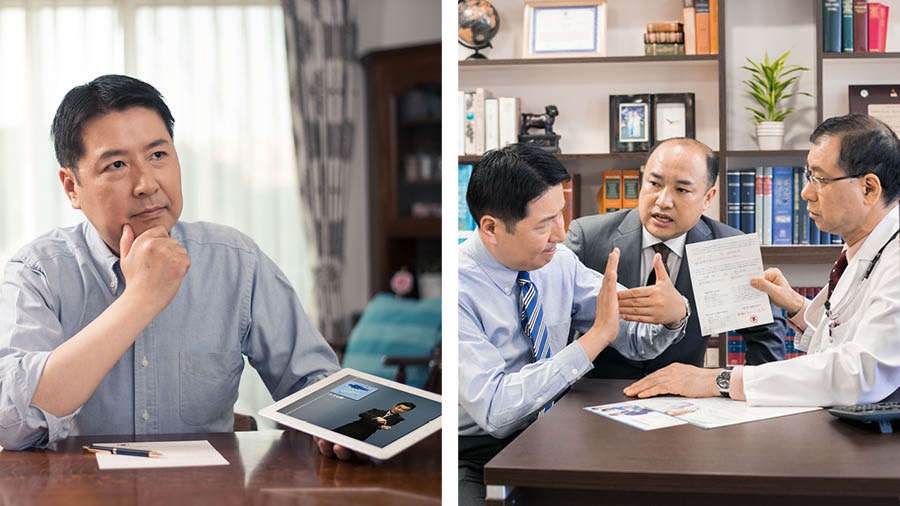 Collage: 1. A brother consults the Bible and Bible-based publications. 2. The brother talks with his doctor and shows him a medical directive card.