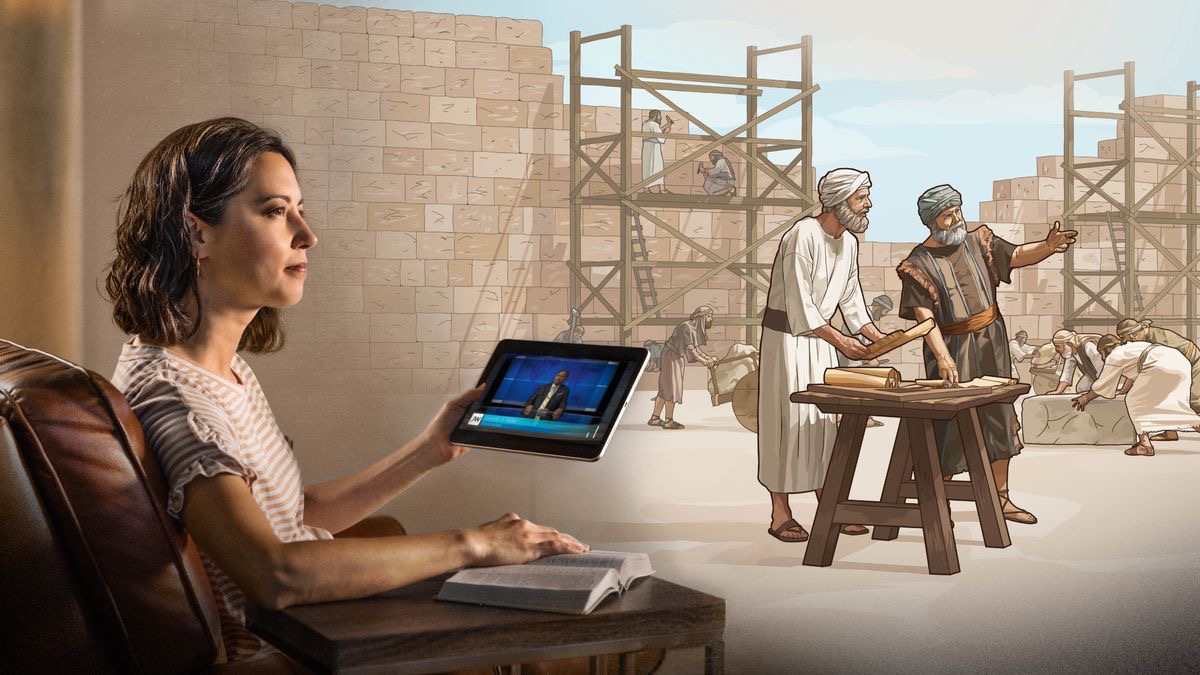 A sister watching a JW Broadcasting program and imagining Zerubbabel and High Priest Jeshua directing their fellow Israelites who are rebuilding the temple.