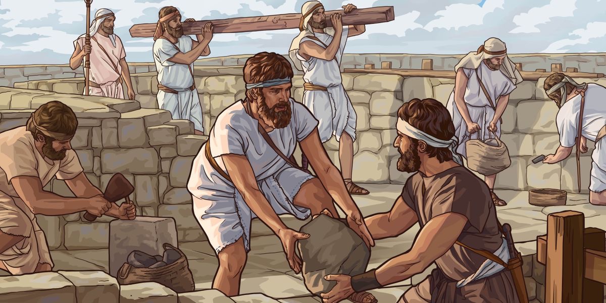 Nehemiah working alongside other Israelites to rebuild Jerusalem’s walls.