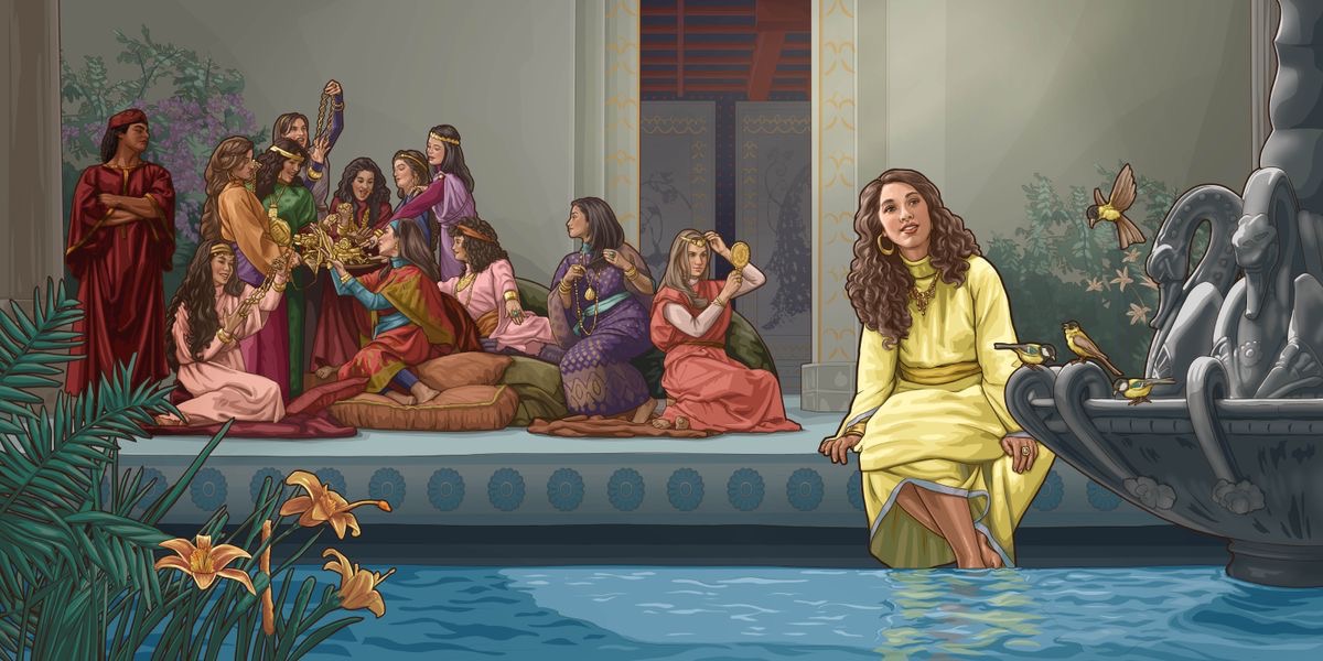 Esther sitting away from a group of young women. Esther gazes at birds on a fountain while the other women are preoccupied with their personal appearance. A guardian watches over them all.