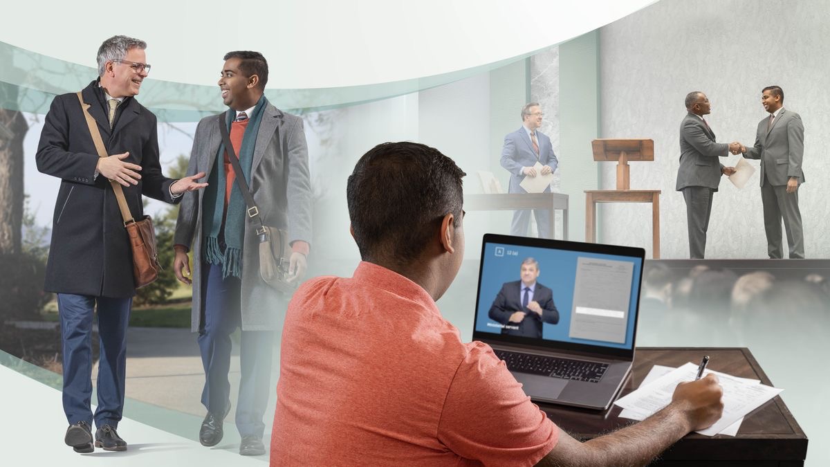 Collage: 1. An elder speaks encouragingly to a young brother while in the ministry. 2. The young brother fills out an online application to attend the School for Kingdom Evangelizers. 3. Later, the brother graduates from the School for Kingdom Evangelizers.