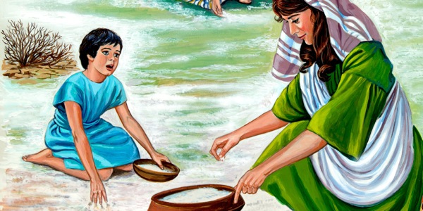 An Israelite mother and son picking up manna