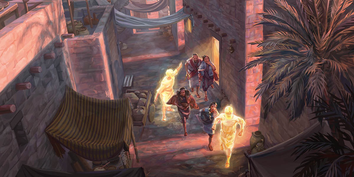 Angels lead Lot and his family out of Sodom
