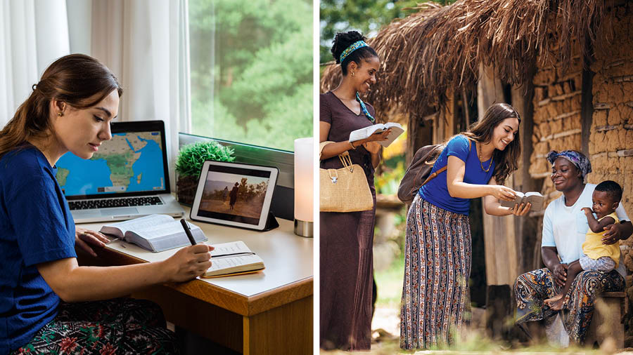 Collage: 1. A sister sits at a desk and watches a video about serving where the need is greater. She writes down some notes on a notepad. 2. The sister preaches in another land.