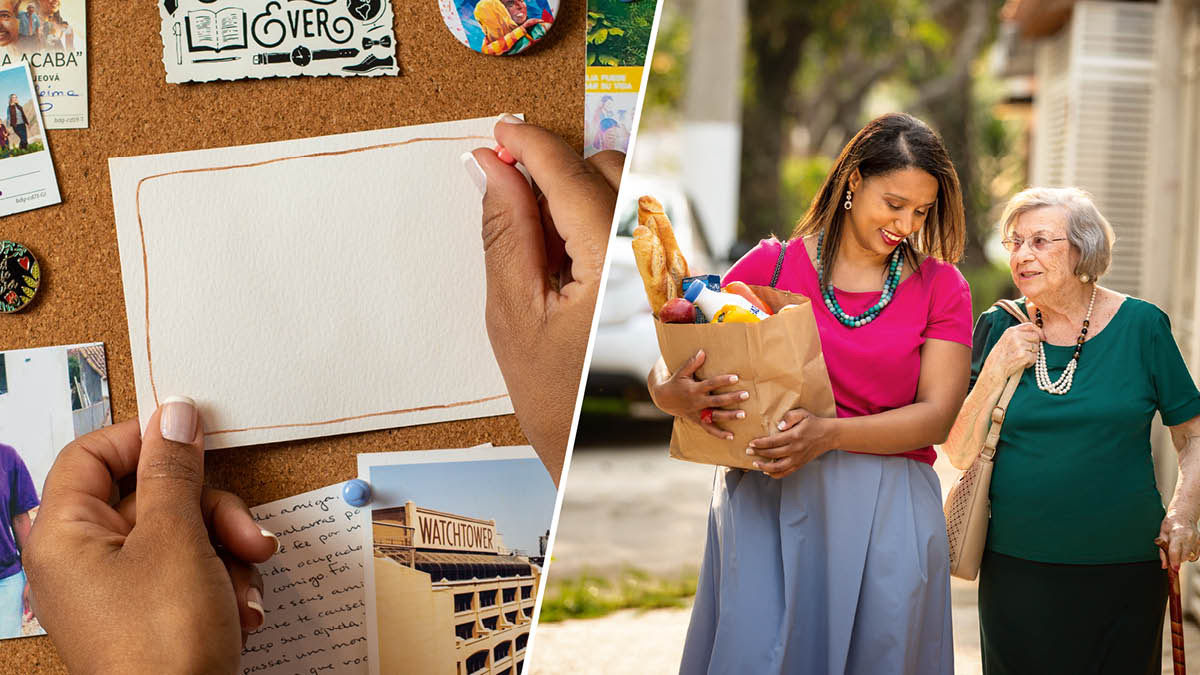 Collage: 1. Choose a specific goal, draw it, then stick it up on a wall to provide a reminder.  2. The sister carries a bag full of groceries for an elderly sister.