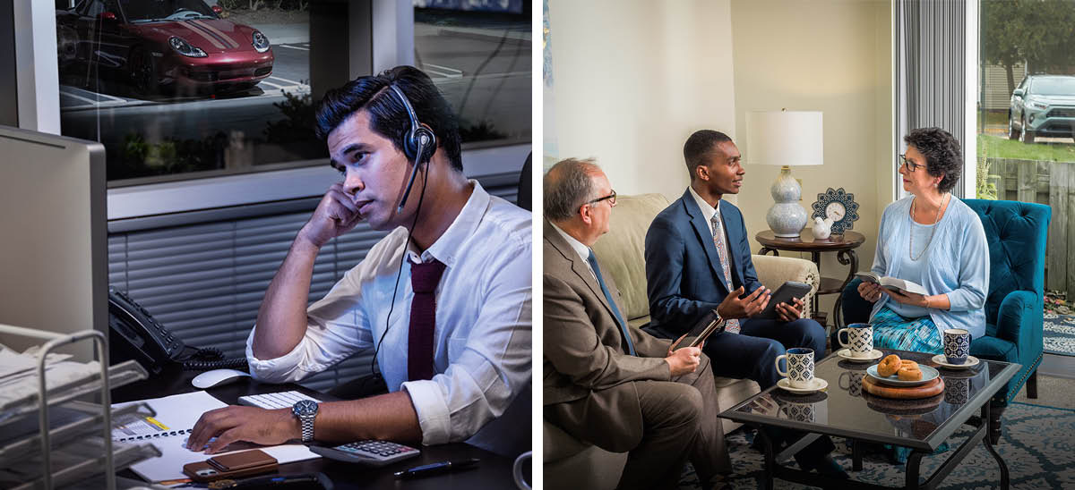 Collage: 1. John works in his office late at night. 2. Tom and an elder share some Scriptural encouragement with a sister at her home.