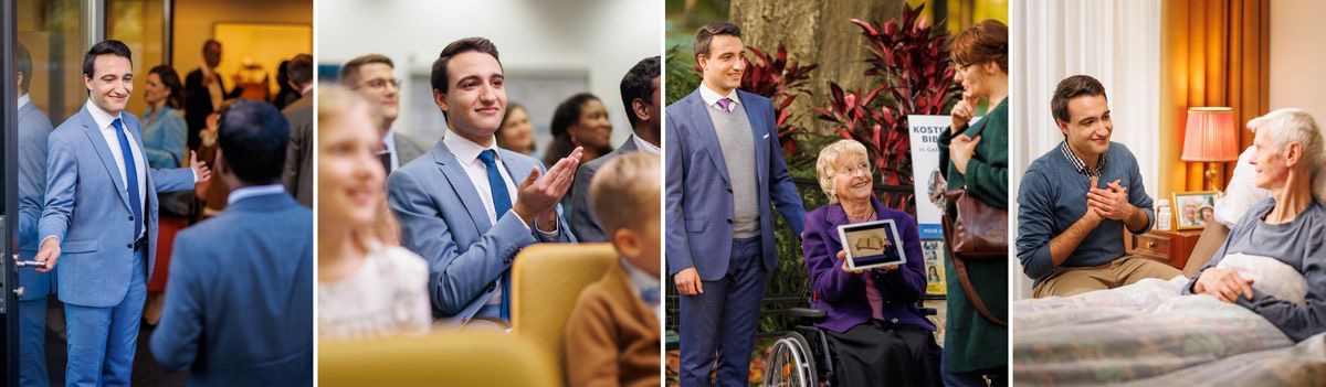 Collage: A brother making spiritual progress. 1. The brother greets others as they arrive at a congregation meeting. 2. He comments at a meeting. 3. He participates in cart witnessing with an elderly sister who is in a wheelchair. 4. He visits with an infirm elderly brother at his home.