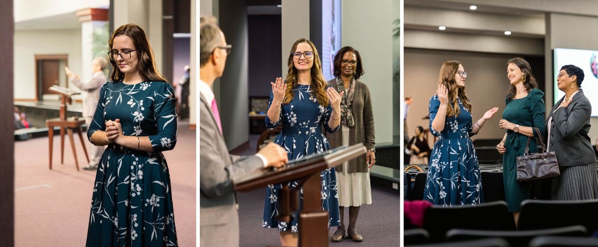 Collage: 1. A sister prays before going on stage at a circuit assembly. 2. A brother interviews her and another sister. 3. The sister gives credit to Jehovah when others praise her after the program.