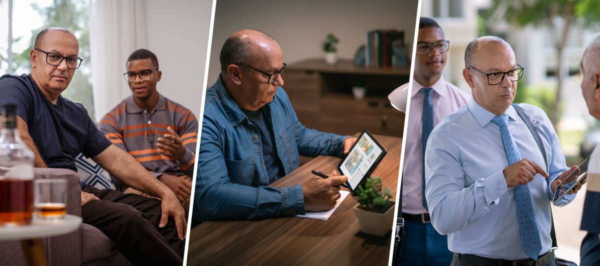 Collage: 1. A young elder speaks with a brother while the brother looks at a bottle and a partly-filled glass of alcohol. 2. The brother does research using the Bible and lesson 43 of the “Enjoy Life Forever!” book. 3. The young elder and the brother work together in the house-to-house ministry.
