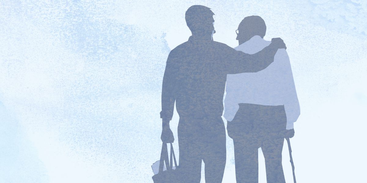 Син върви с възрастния си баща