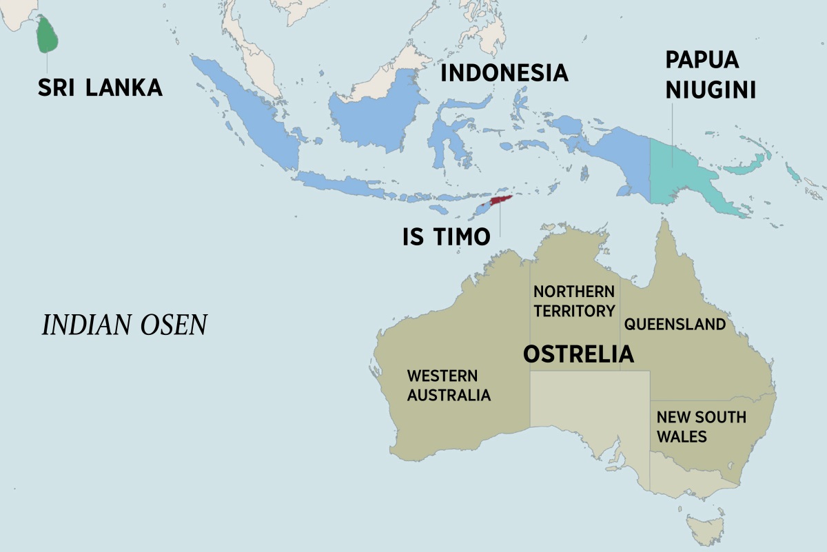 Wan map we i soem Ostrelia, Sri Lanka, Indonesia, Papua Niugini, mo Is Timo. Map blong Ostrelia i soem Northern Territory mo ol ples long Western Australia, Queensland, mo New South Wales.