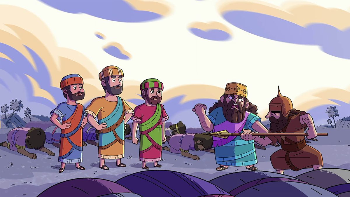 Wan pija long video ya: “Lanem Samting Long Ol Fren Blong Jehova​—Hanania, Misael, mo Asaria.” Hanania, Misael, mo Asaria, oli no wantem bodaon long statiu blong King Nebukadnesa. Nebukadnesa i kros we i kros, mo i talem long wan soldia blong i holemtaet olgeta.