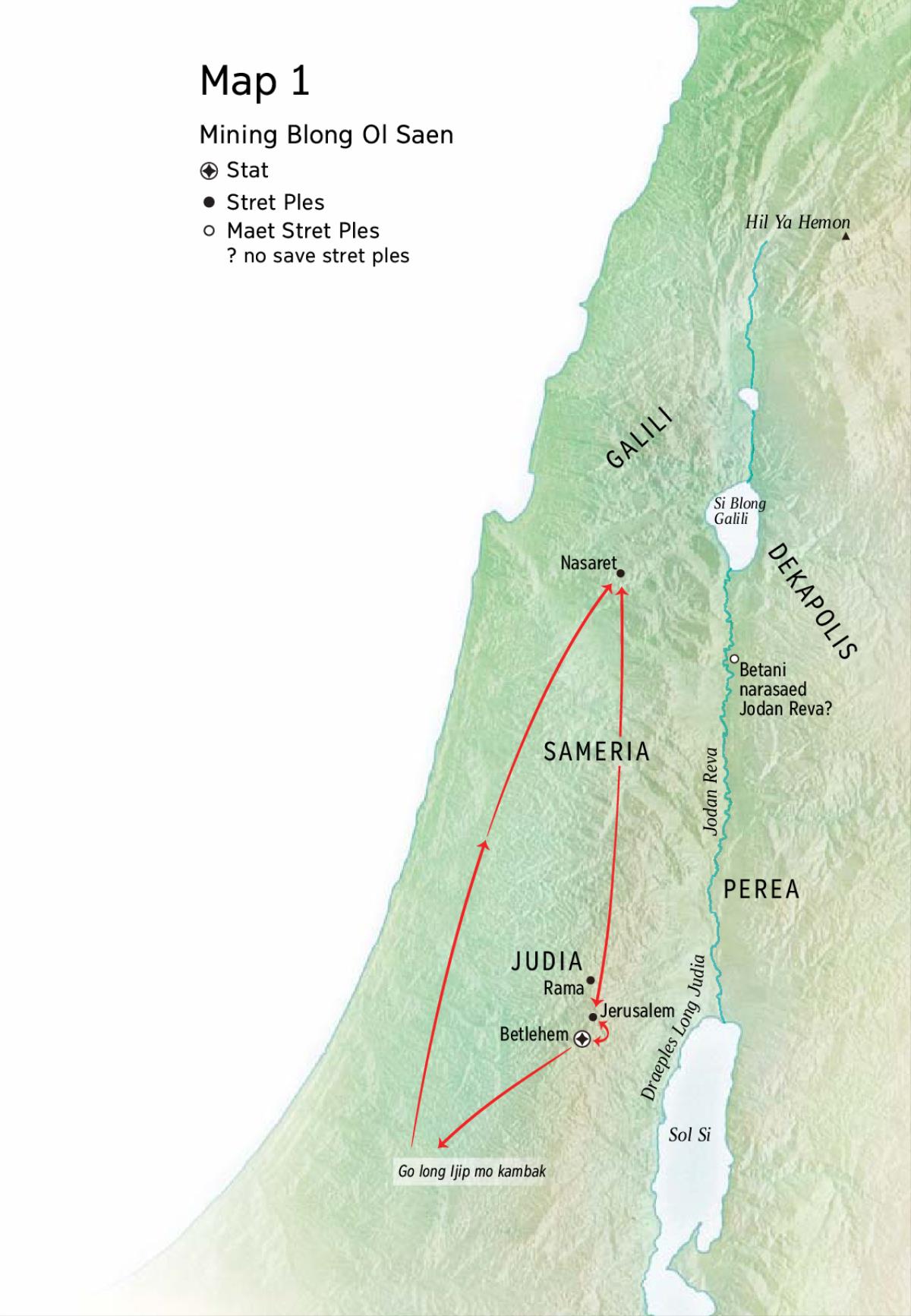 Map blong ol ples we i joen wetem laef blong Jisas: Betlehem, Nasaret, Jerusalem