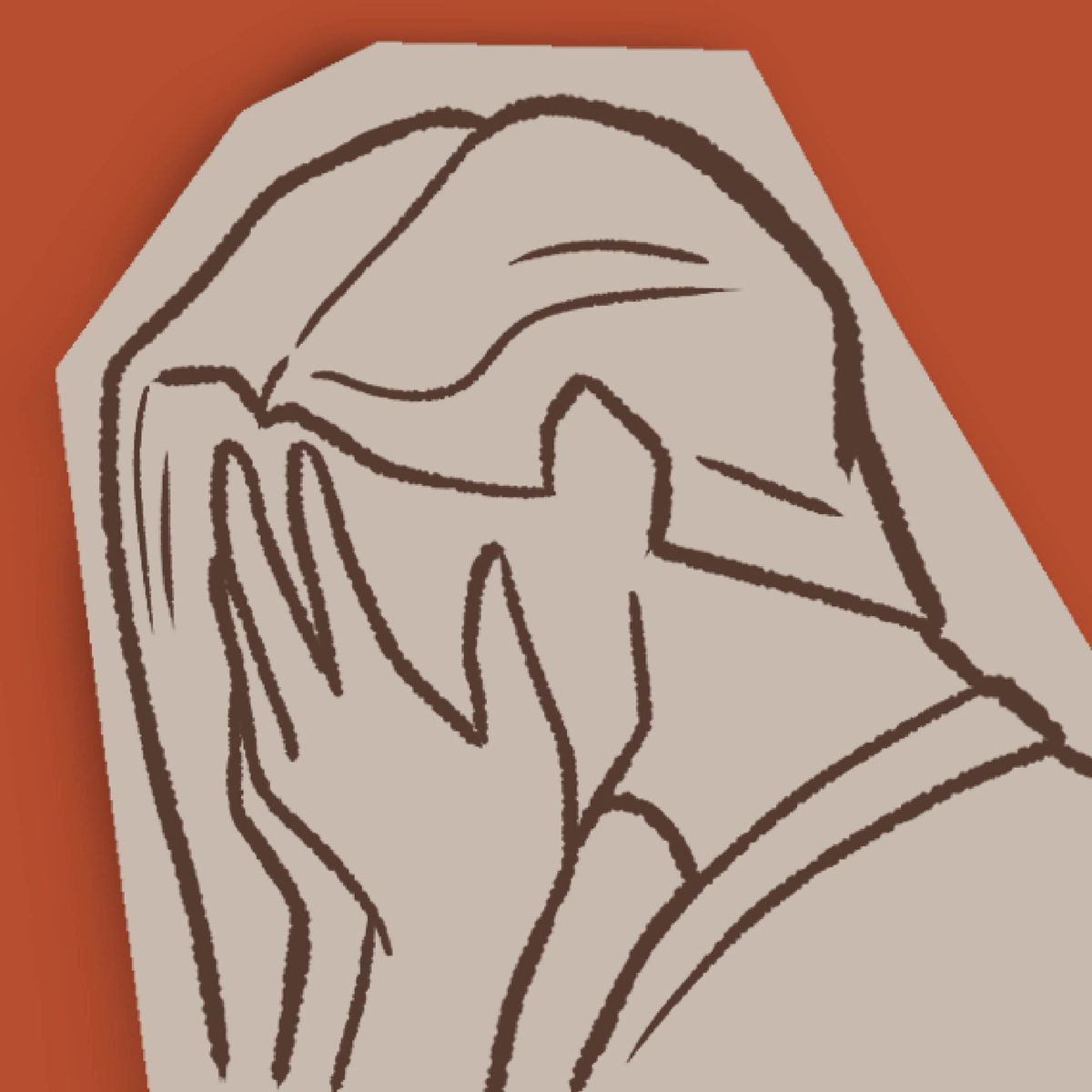 Wan smol pija we i soem wan woman we i kavremap fes blong hem wetem han blong hem.