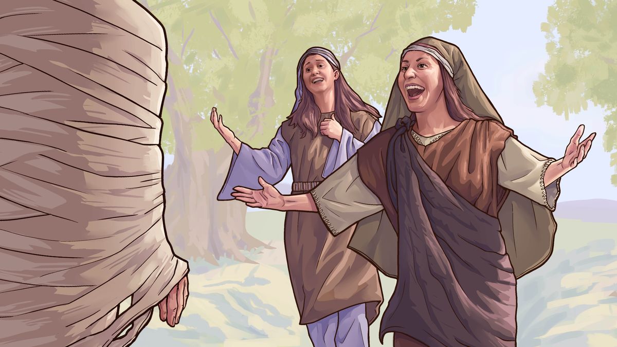 Efoto nọ ladian vbe vidio nọ mwẹ uhunmwuta nọ khare wẹẹ, “Ya Egbe Taa Ikhuo Ni Mwẹ Amuẹtinyan Nọ Wegbe! ​—E Mata.” E Mata vbe Meri gha ghọghọ zẹvbe ne iran ya gbọbokhian ne Lazarọs vbe ọ ghi rhiọ kpaegbe nẹ.