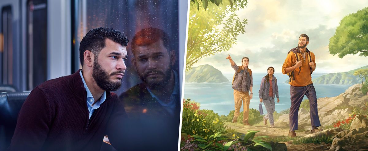 কোলাজ: ১. একজন ভাই খুবই নিরুৎসাহিত রয়েছেন এবং তিনি এক অন্ধকারময় বৃষ্টির দিনে জানালার দিকে তাকিয়ে আছেন। ২. পরমদেশে সেই ভাই তার বন্ধুদের সঙ্গে ভ্রমণে বেরিয়েছেন এবং সুন্দর প্রাকৃতিক দৃশ্য উপভোগ করছেন।