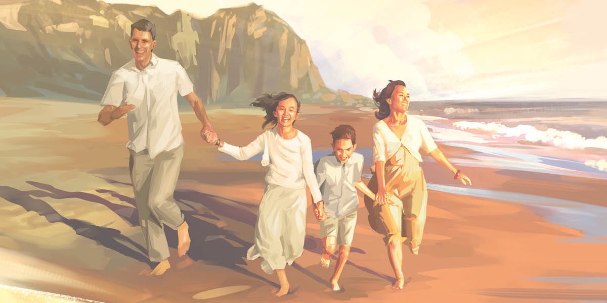 Uma família feliz corre de mãos dadas pela praia