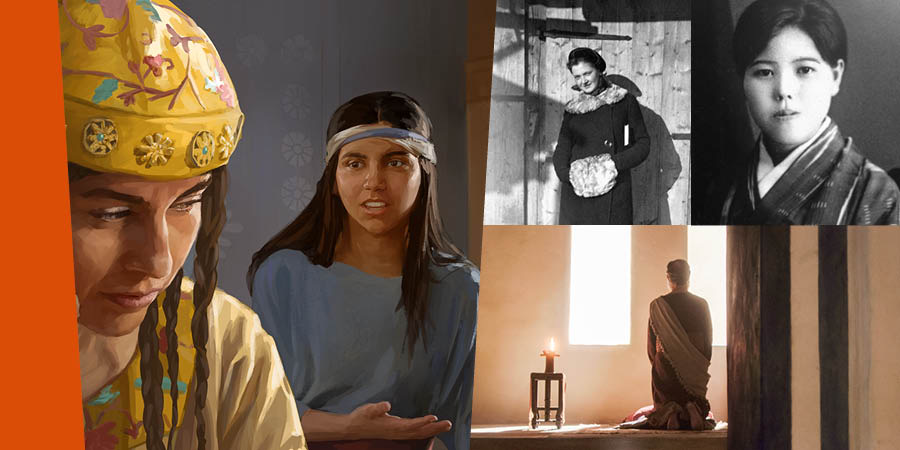 Conjunto de imagens: 1. A menina israelita cativa fala com a esposa de seu amo. 2. Ella Toom quando jovem. 3. Matsue Ishii quando jovem. 4. Daniel ora diante de uma janela.