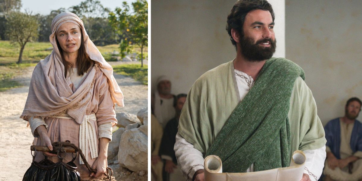 Conjunto de imagens: Destaques do programa de domingo. 1. Uma mulher samaritana ao lado de um poço. 2. Jesus falando em uma sinagoga com um rolo aberto nas mãos.