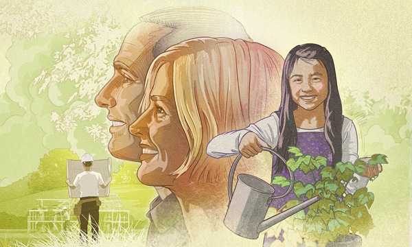 Um homem e uma mulher olhando de modo otimista para o futuro; uma menina regando plantas; trabalhadores construindo uma casa