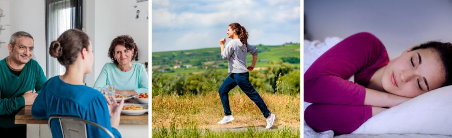 Uma adolescente comendo com sua família, fazendo exercícios físicos e dormindo