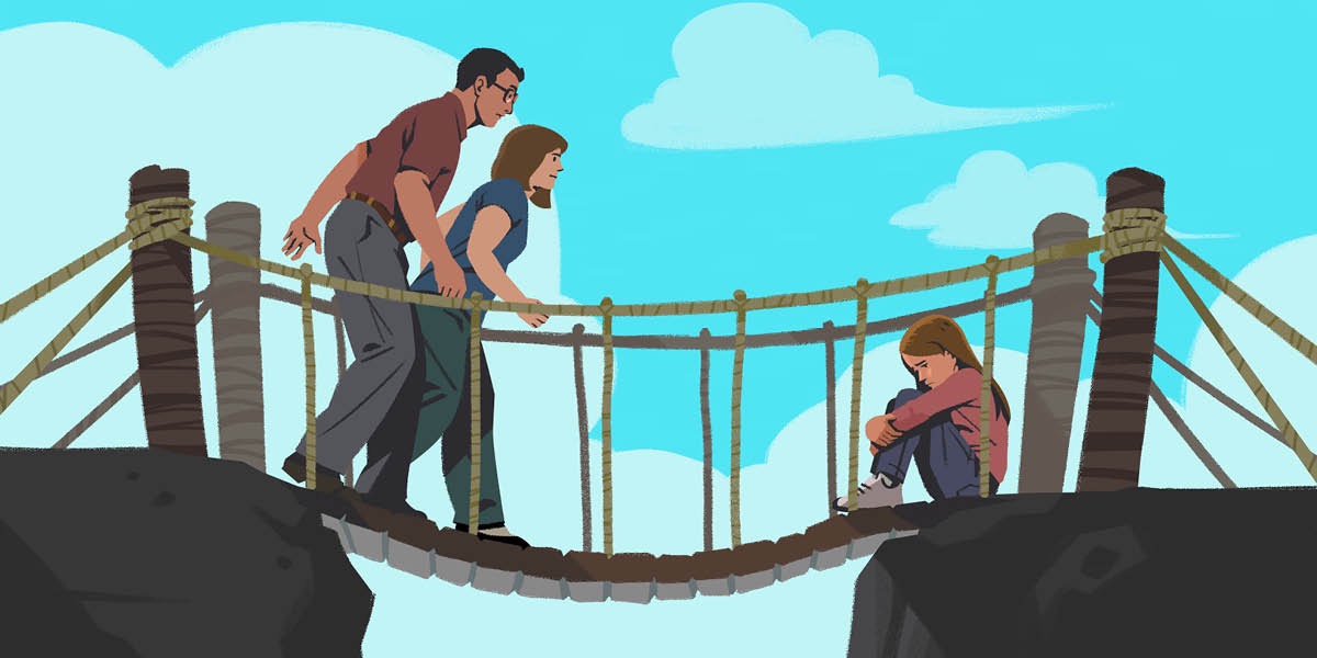 Pais atravessando uma ponte para chegar à filha deles