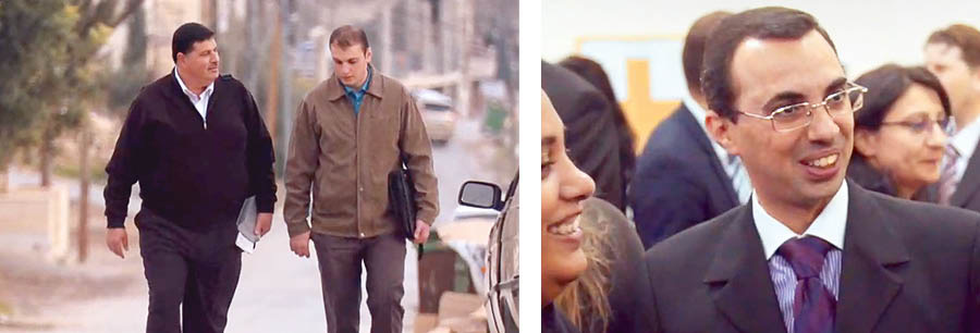 Conjunto de imagens: 1. Dois homens andando e conversando. 2. Um homem sorrindo com os seus amigos.