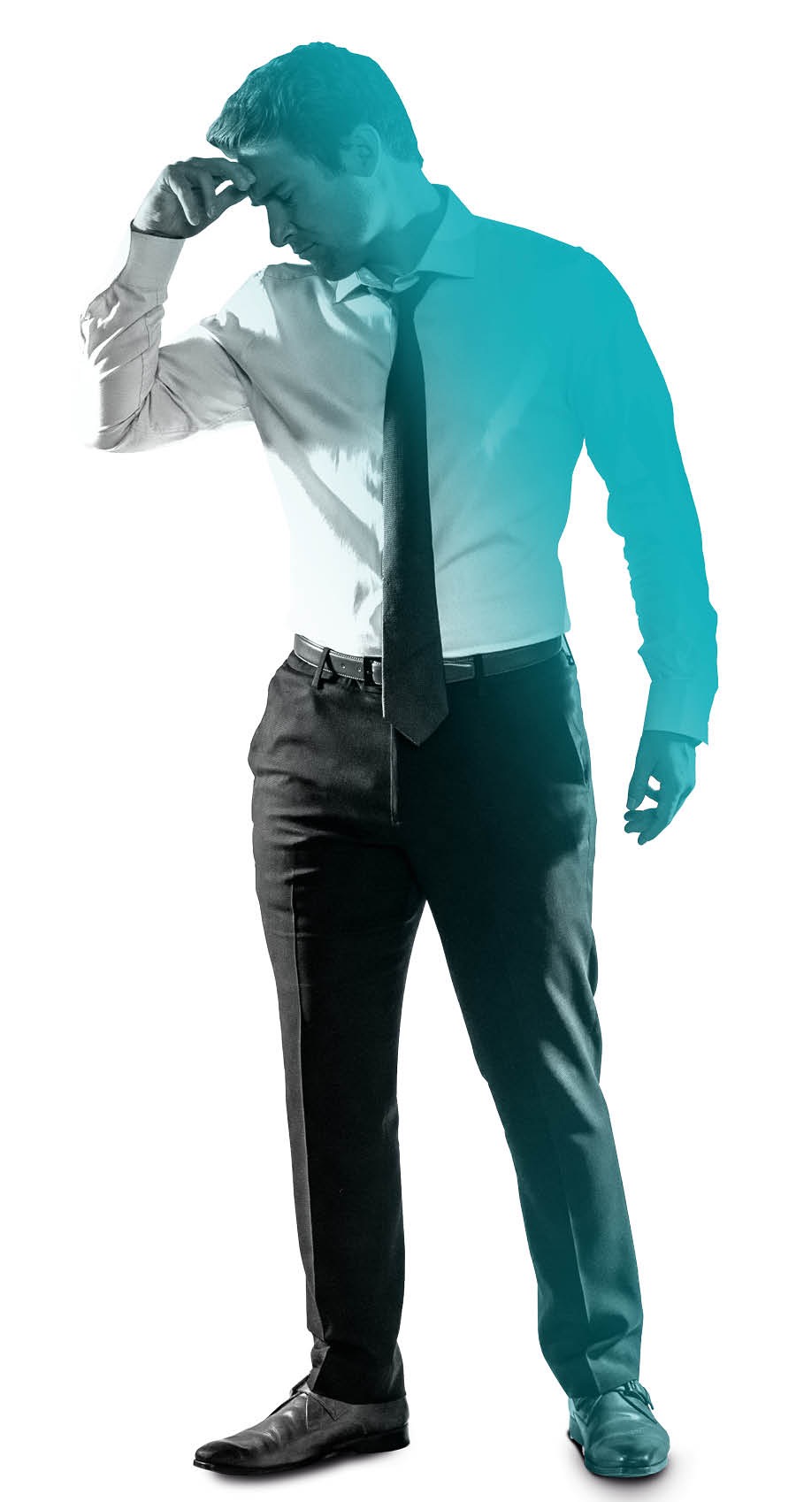 Um homem, com a mão na testa, sente os efeitos do estresse em seu corpo.