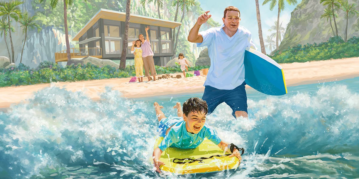 Um menino e seu pai brincam na praia enquanto a mãe e as filhas observam.