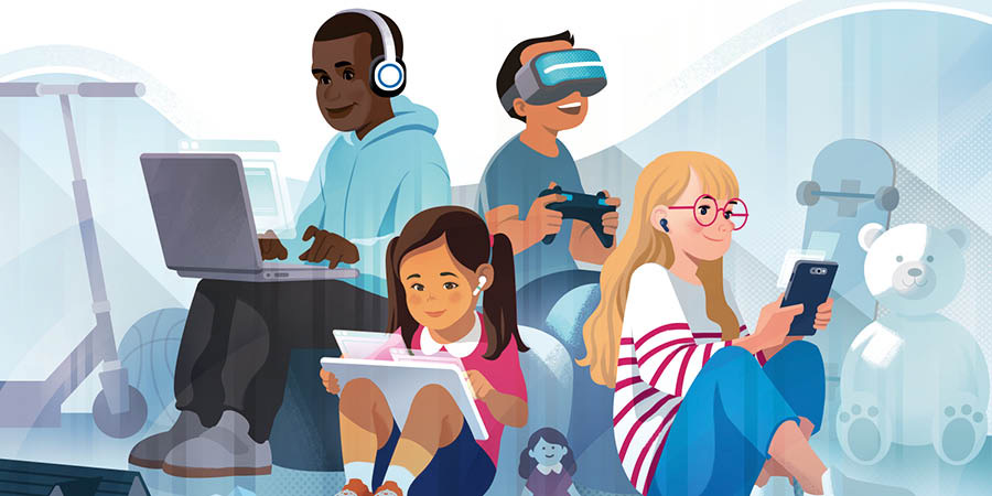 Crianças de várias idades se divertindo com dispositivos eletrônicos em vez de com brinquedos ou esportes.