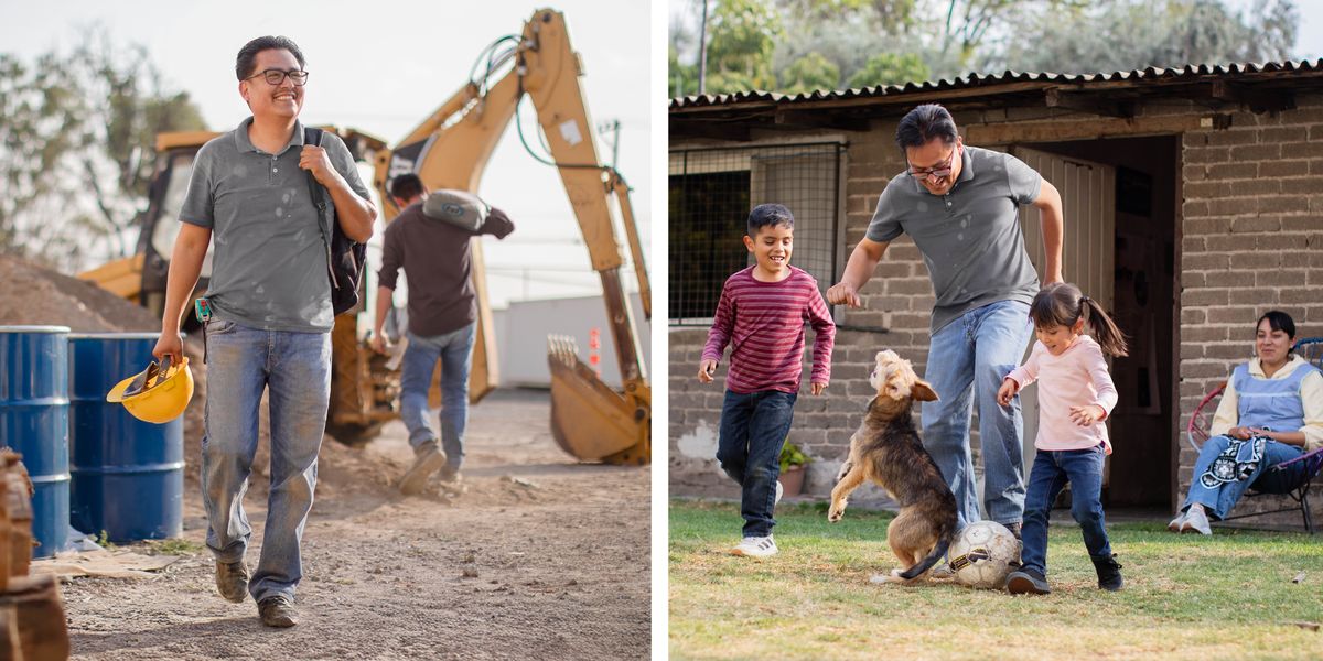 Conjunto de imagens: 1. Um pai sorrindo enquanto vai embora depois de um dia de trabalho em uma obra de construção. 2. Depois, ele brinca com seus dois filhos e o cachorro na frente de sua casa humilde. Sua esposa observa feliz.