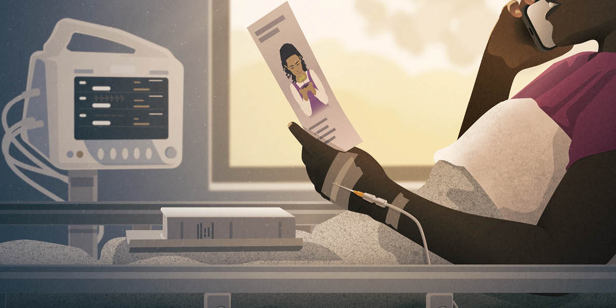 Uma mulher numa cama de hospital, falando no telefone sobre a mensagem da Bíblia.